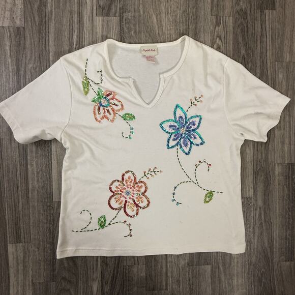 Crystal-Kobe XL White Beaded Sequin Floral Tee Shirt Made in Mexico V Neck - Picture 1 of 6